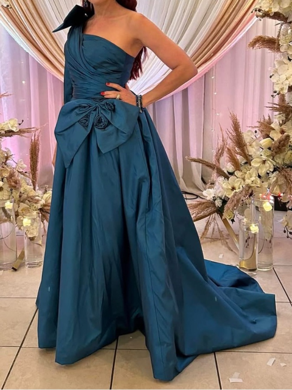 Amazon One-Shoulder Teal Formal Ball Gown with Bows Accent